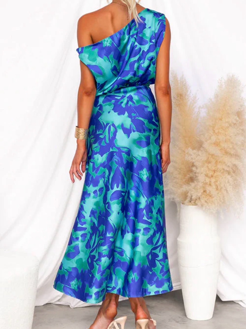Off-Shoulder Blue & Green Print Tie Waist Maxi Dress With Side Slit — image 2 of 6